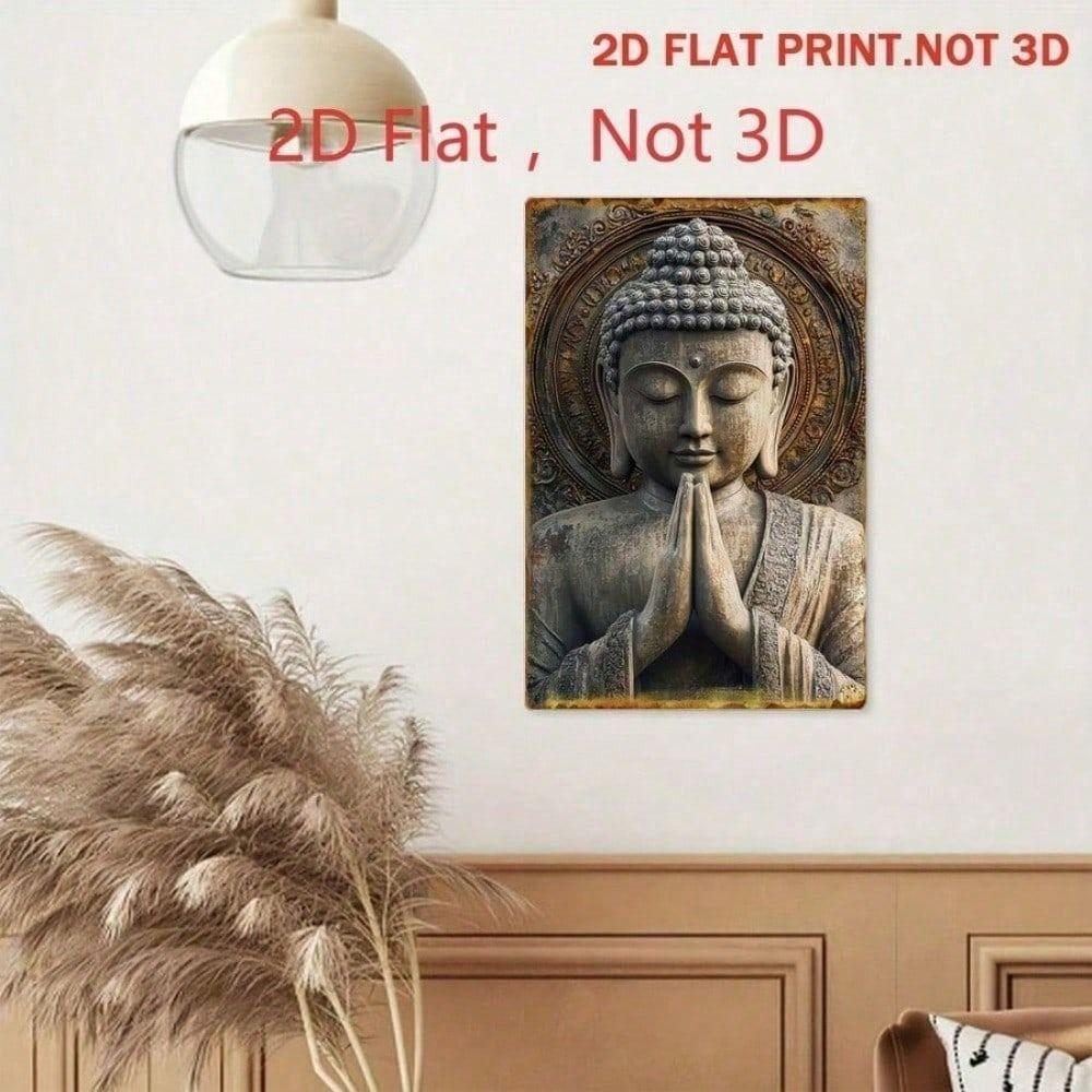 Retro Praying Buddha Statue Aluminum Tin Sign 20x30cm Metal Wall Decor for Meditation Living Room Home