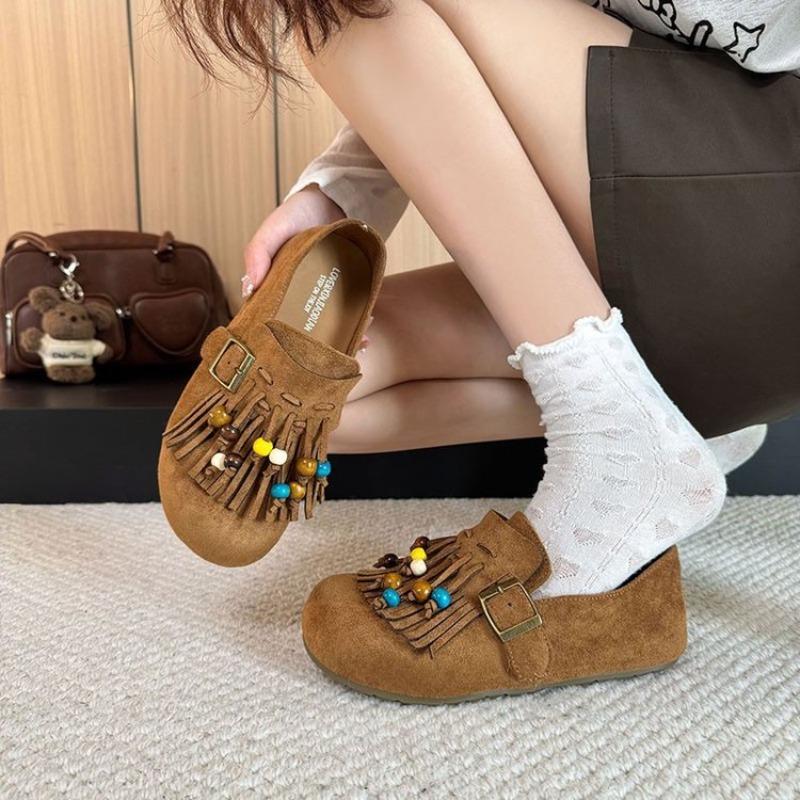 Thick-soled Tassel Women's New Autumn Niche Beaded Beaded Beanie Shoes All-inclusive Boken Single Shoes