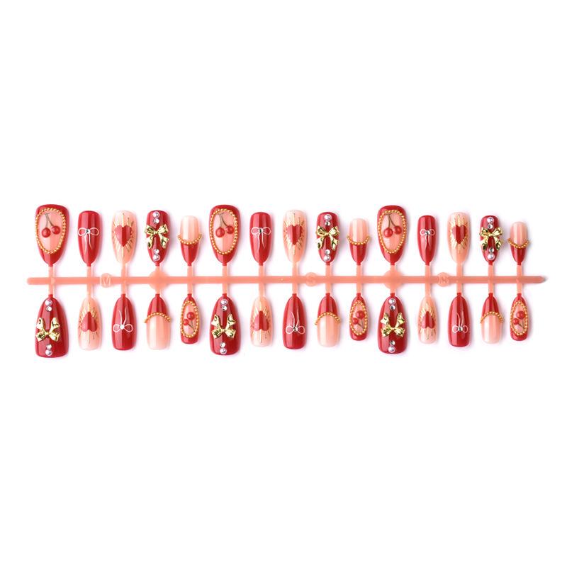 30-Piece 3D Valentine's Day Almond Nails with Gilded Bow and Heart Design