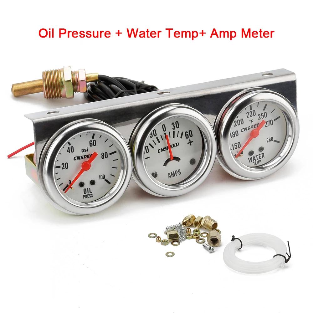 

2 52mm Chrome Panel Oil Pressure Water Temp Amps Triple Gauge Set Black white Face Volt meter