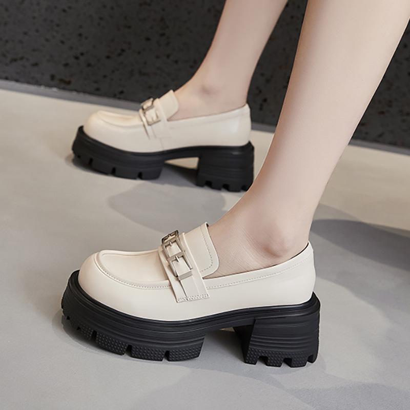 Leather platform loafers women's one-pedal 2025 spring new women's shoes thick heel single shoes versatile British small leather shoes