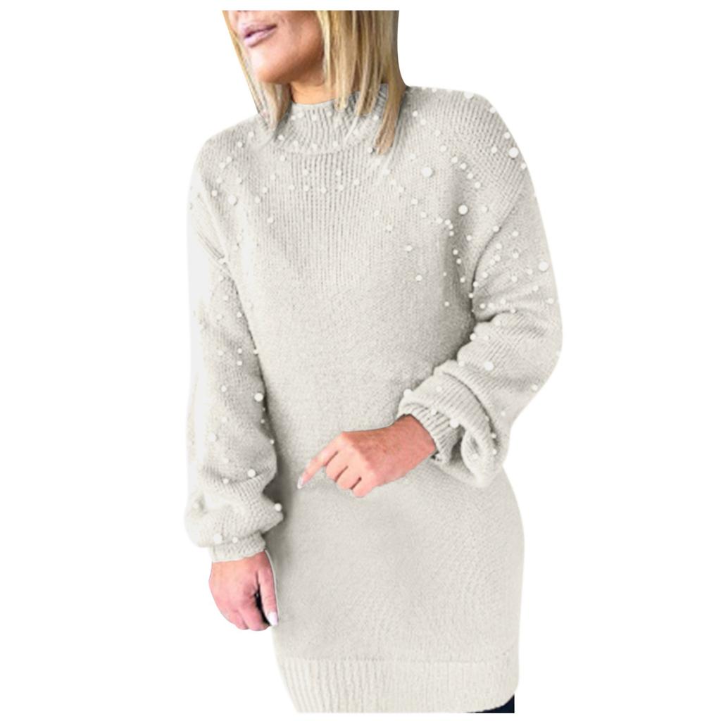Damen-Pullover, langärmelig, Perlenkleid, lässiges Oberteil