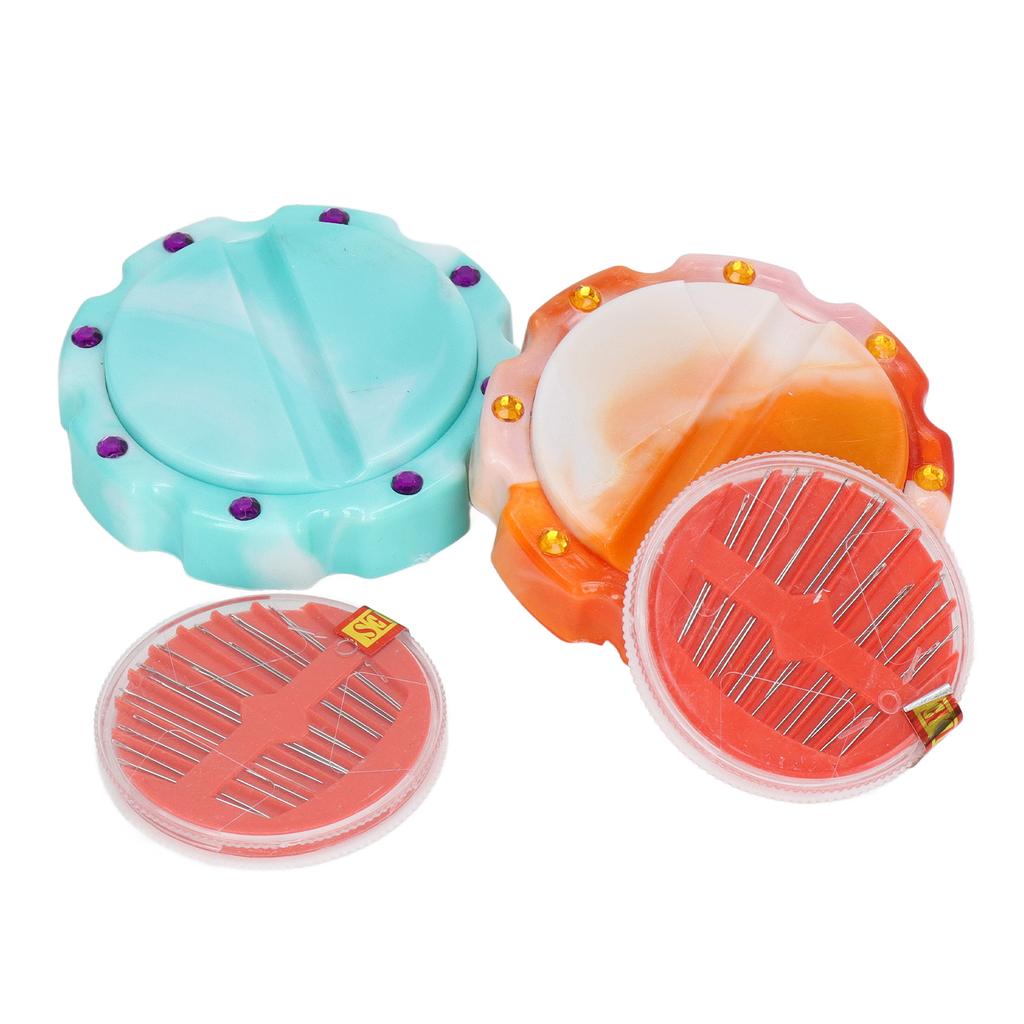 2 Pcs Cyan Yellow Portable Storage Disc Needle Sucker Round Plastic Magnetic Sewing Needle Holder with 32 Needle