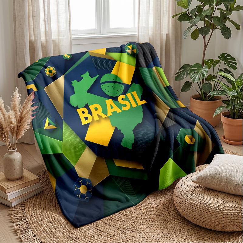 Brazil Football Printed Flannel Blanket Skin Friendly Warm Decorative Throw for Indoor Couch Bed Daily Use