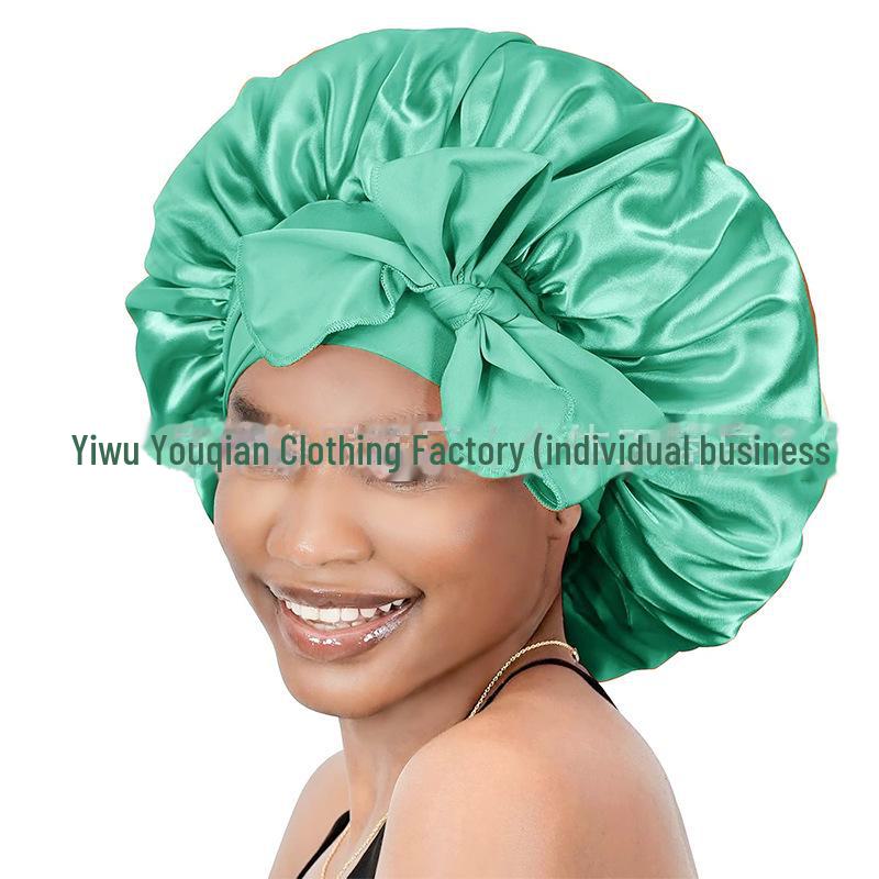 Elastische Schlaf- und Duschhaube aus Satin mit breiter Krempe für Damen – einfarbig, Größe L