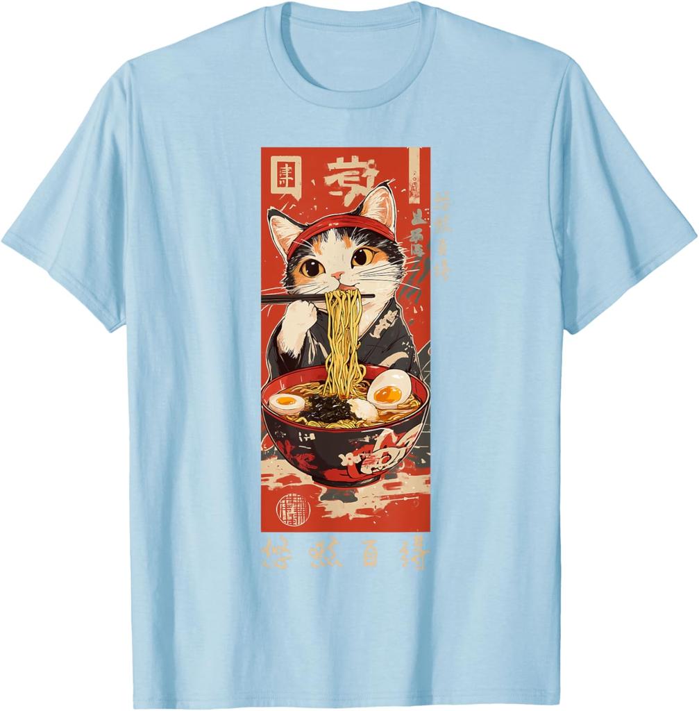 Ramen Cat Eating Noodles Japanese Ukiyoe Style Graphic Tee Casual Cotton TShirt for Men