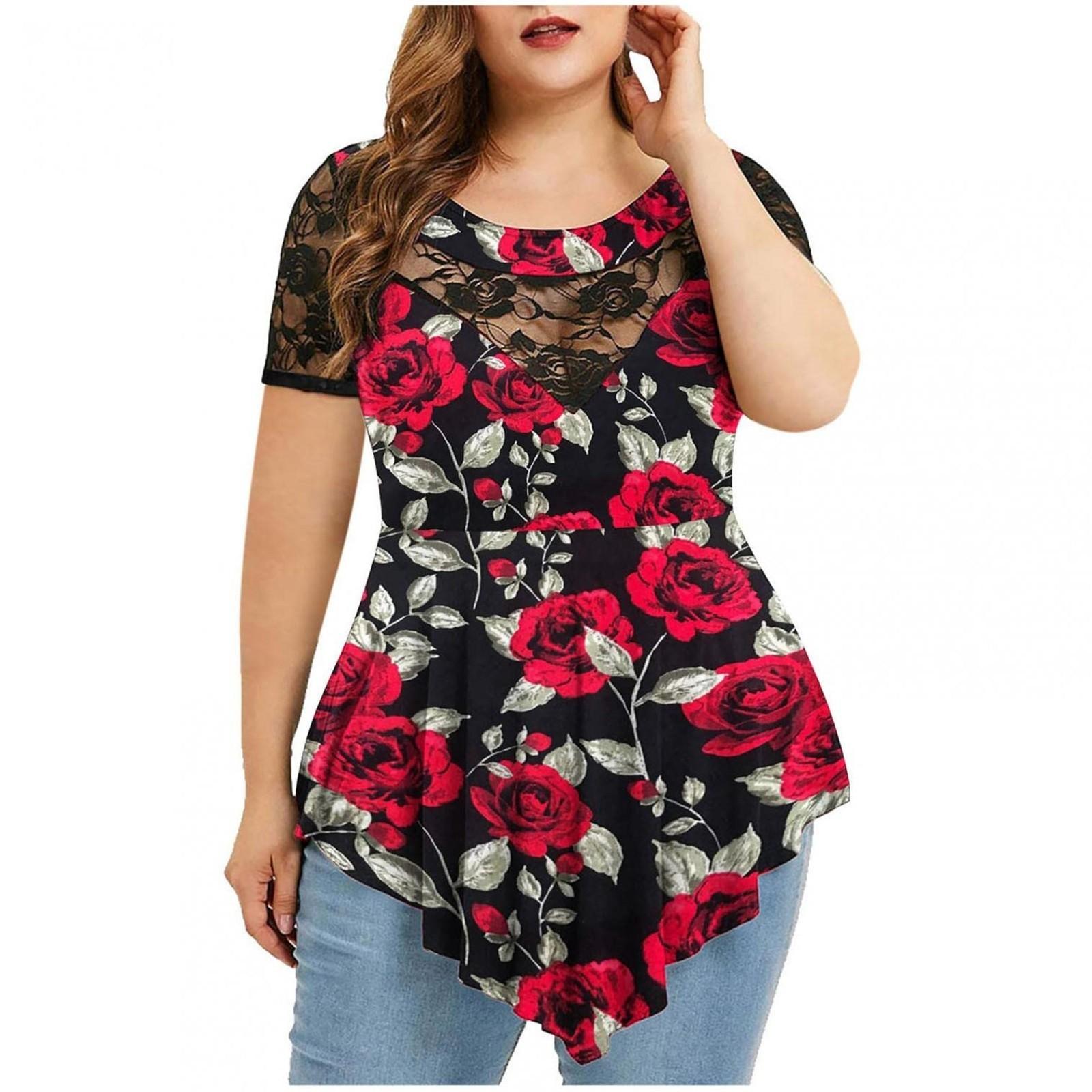 

Жіноча літня футболка великих розмірів з круглим вирізом, повсякденна вільна футболка з короткими рукавами, сексуальна та зручна L винний