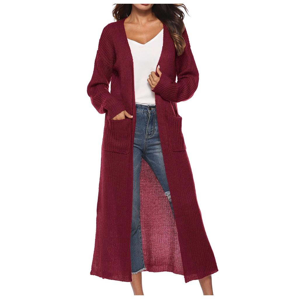 Women's Fashion Casual Button  Solid Color Big Pocket Cardigan Sweater Long Thin Coat