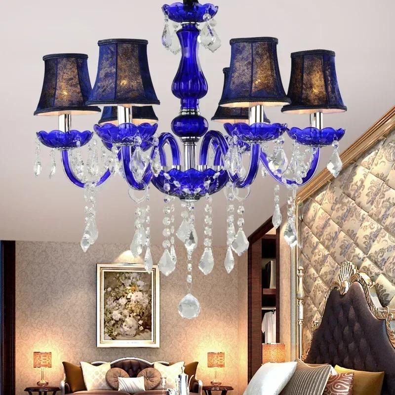 Luxury Blue Crystal Ceiling Chandelier for Living Room Bedroom Decor Hanging Lamps Hotel Restaurant Cafe Lobby Pendant Light