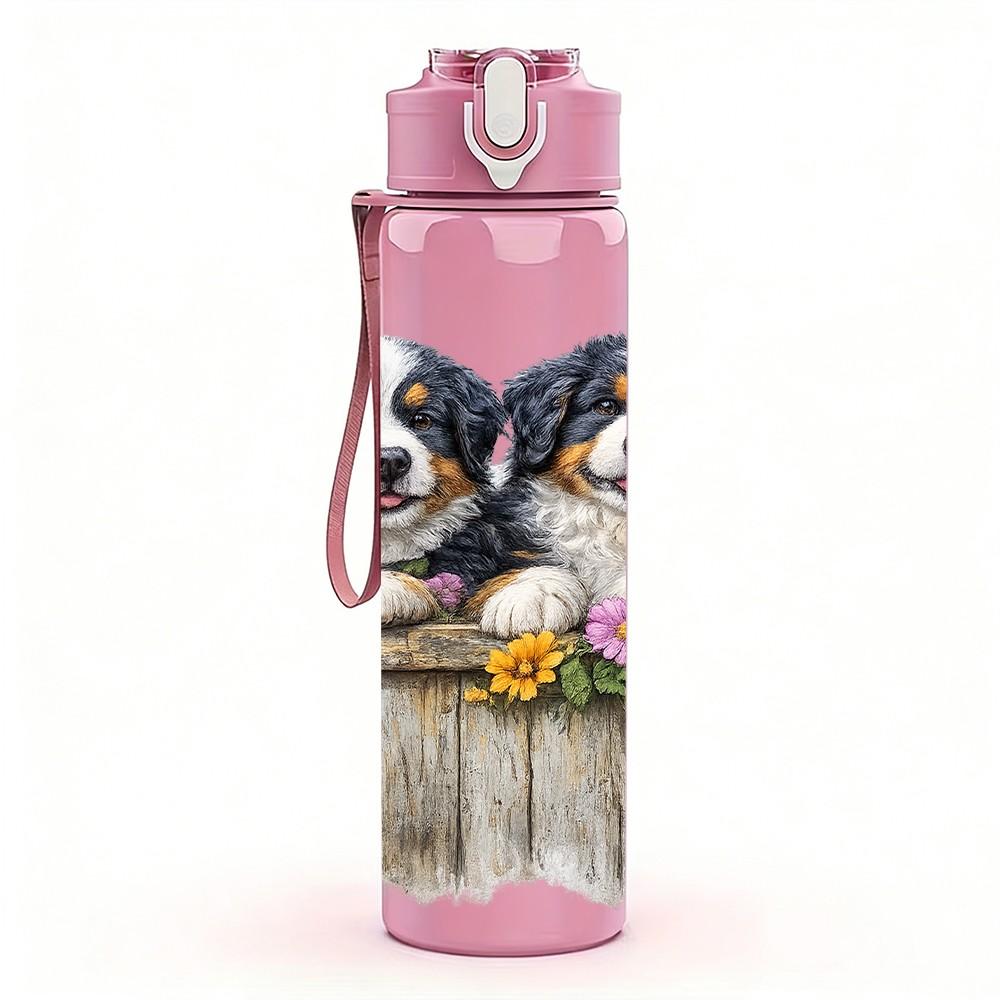 1PC Two Puppy Dogs Wooden Fence Art 750ml Color Plastic Sports Water Bottle Leakproof Flip Straw Lid Suitable for Sports Office Home Use