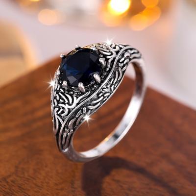Retro-Ringe im ethnischen Stil im Marineblau mit Zirkon-Textur für Damen und Herren, silberfarben, Carving-Party-Ring, Modeschmuck