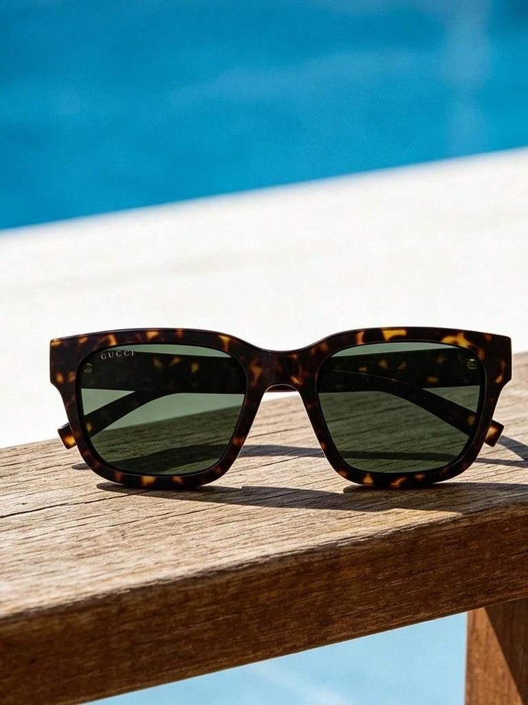 GUCCI Unisex Square Sunglasses GG1857SK‑002 55 Tortoiseshell Frame Green Lens UV400 Protection Retro Fashion Eyewear