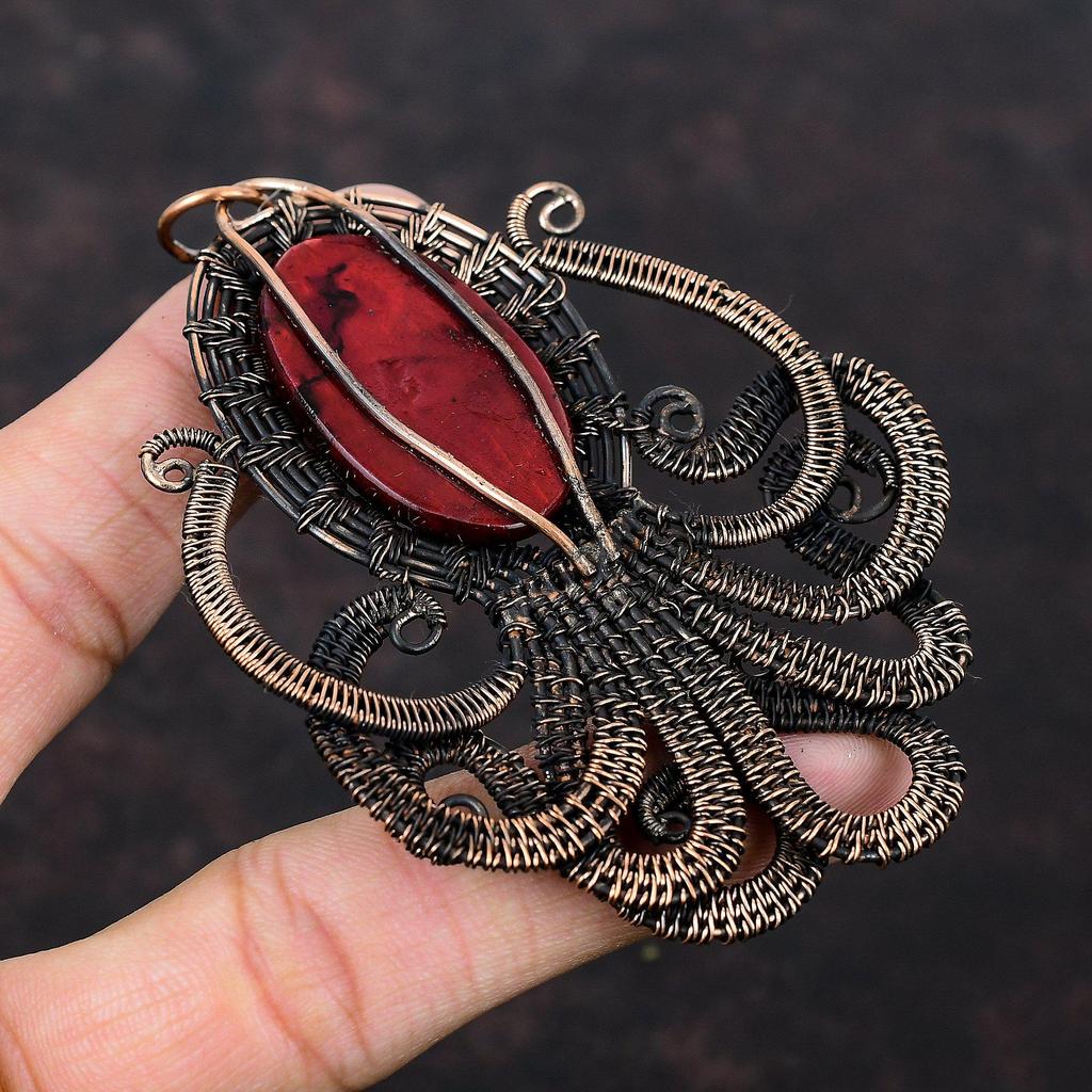 Red Fire Labradorite Pendant Copper Wire Wrapped Gemstone Jewelry Wire Wrapped Pendant Handmade Jewelry Gift For Her Copper Octopus Pendant