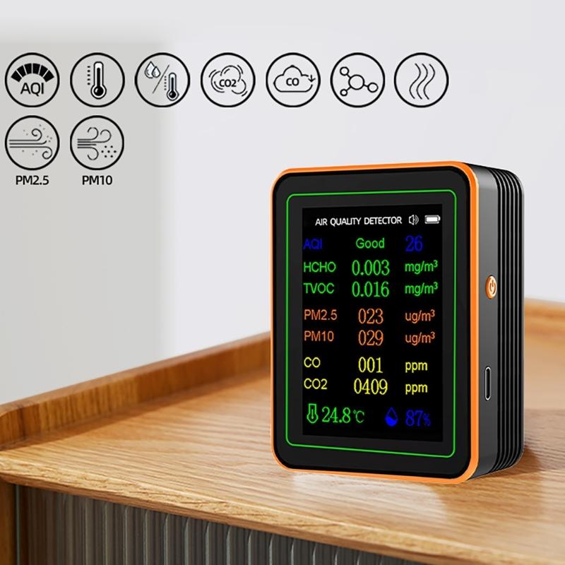 Air Quality Pollution Meter HCHO TVOC CO CO2 PM2.5 PM10 Temperature Humidity Meter with Buzzers Tester Color Display