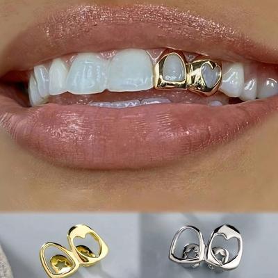 Double Tooth Grills with Intricate Heart-shaped Patterns Millennium Hip-hop Minimalist Style Unissed-sized Dental Jewelry