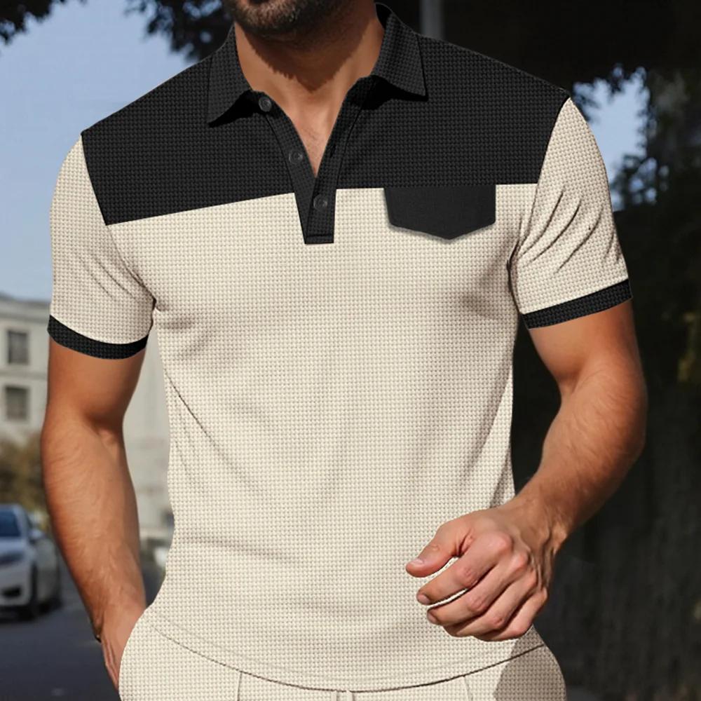 Men's Casual Waffle Top T-Shirt Color Blocked Collar Short Sleeved Top Outdoor Versatile Fashion Summer Outdoor Tees