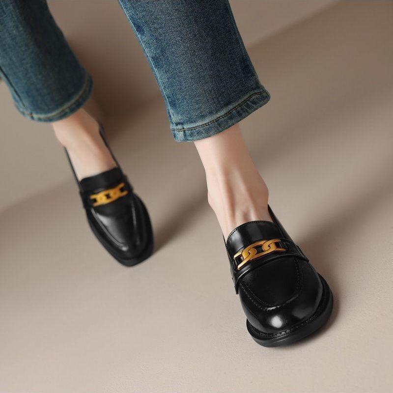 2025 Women's Plus Size Brown Leather Loafers: Spring/Autumn, Round Toe, Chunky Medium Heel, British Style