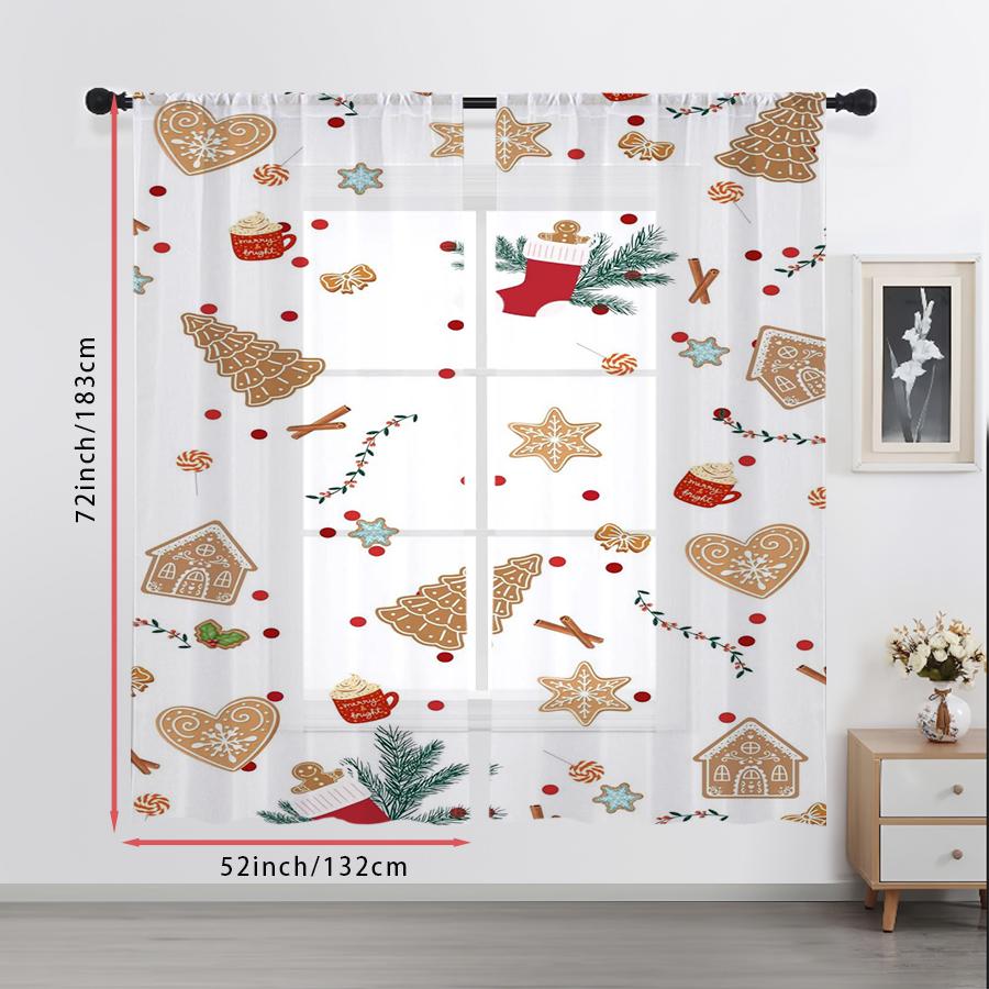 2PCS Sheer Curtains Christmas Gingerbread House Cookie Candy Print, Window Voile Panels for Bedroom Living Room Xmas Decor