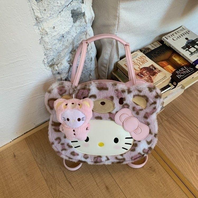 Hello Kitty Cartoon Plush Faux Leather Backpack For Daily Use And Storage