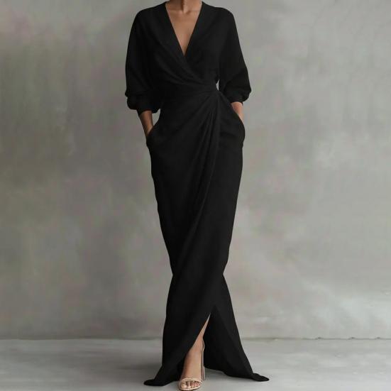 Women's Split Wrap Maxi Dress 3/4 Sleeve V Neck Ruched Bodycon Long Dress Cocktail Party Wedding Guest Dress with Pockets