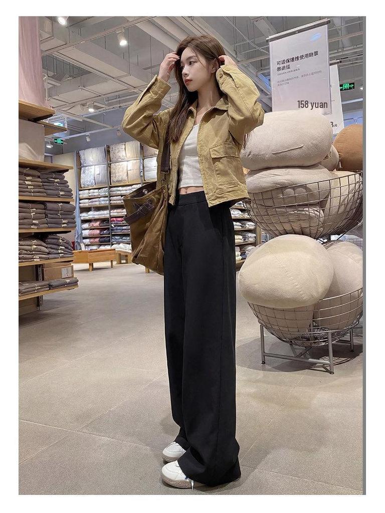 Women's Khaki Wide-Leg Trousers - Spring/Autumn 2026 High-End Slim Straight-Leg Suit Pants