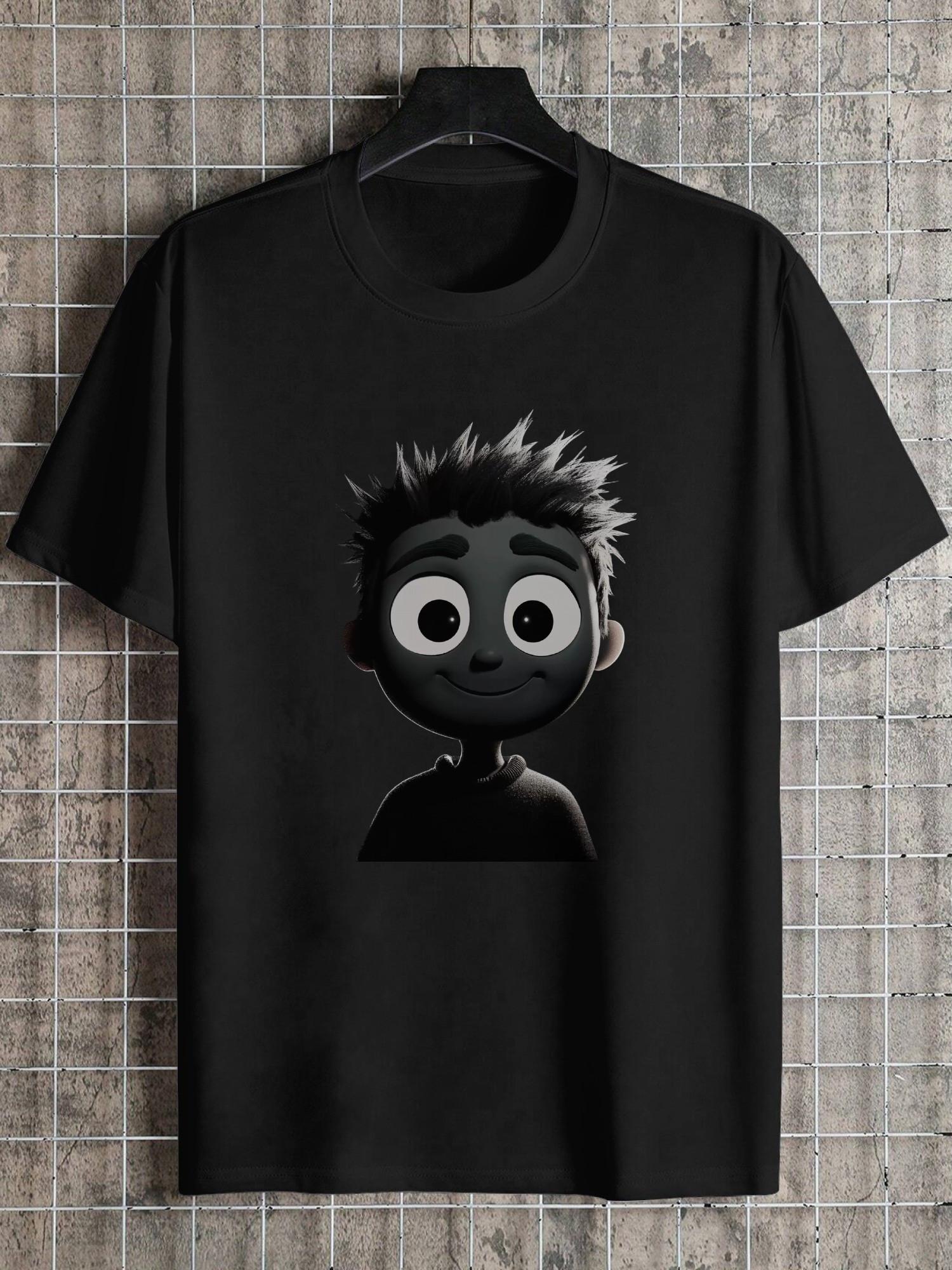 1pc Casual Minimalist Black T-shirt - 180g Cotton Crew Neck Short Sleeve with Cartoon Character Geometric Print M