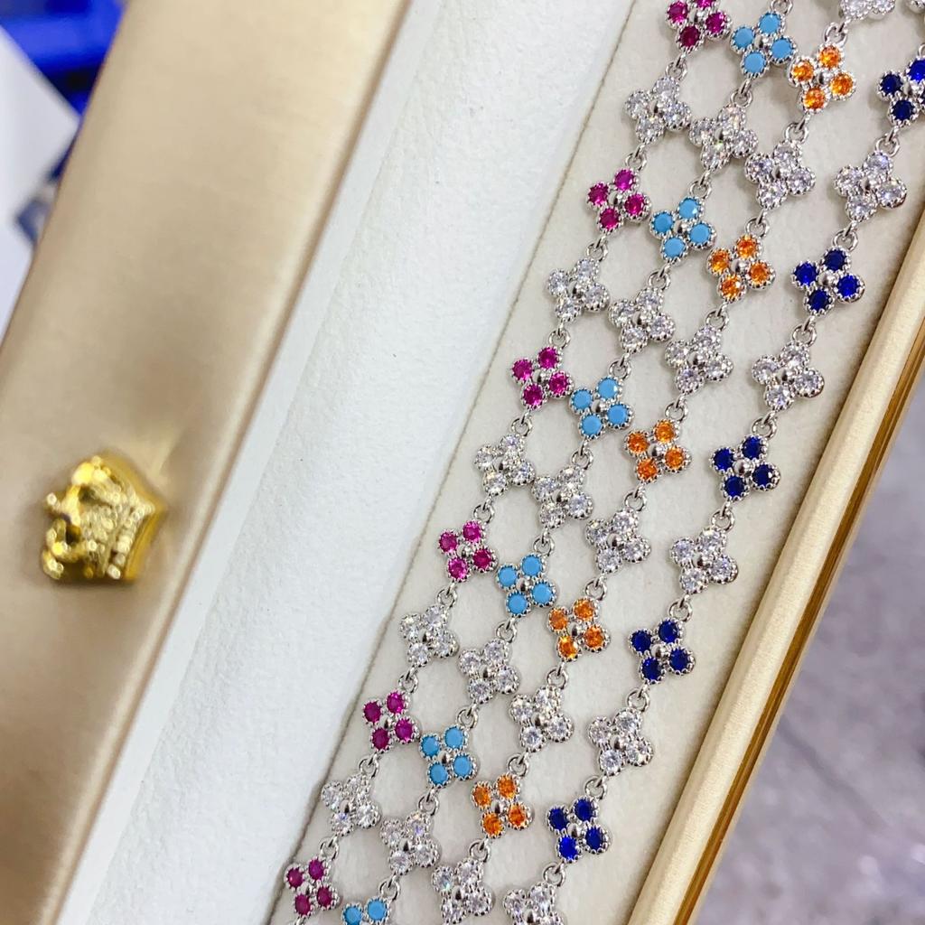 Hot Sale Flower Jewelry Light Luxury Colorful ZIRCON Gold Plated Four-leaf Clover Tennis Bracelet Women