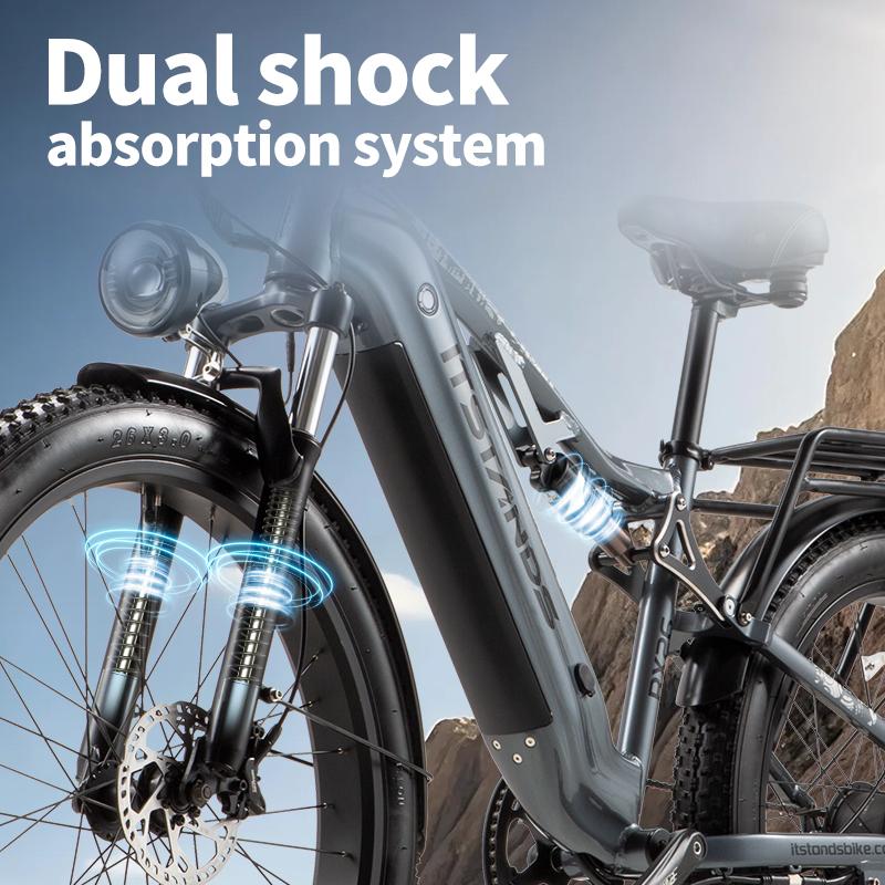 BURCHDA RX26 Elektrofahrrad 1500W Spitzenleistung 48V 20Ah Doppelfederung Fat Tire E-Bike Hydraulische Bremsen 26" Schneeberg Off-Road 70KM Reichweite