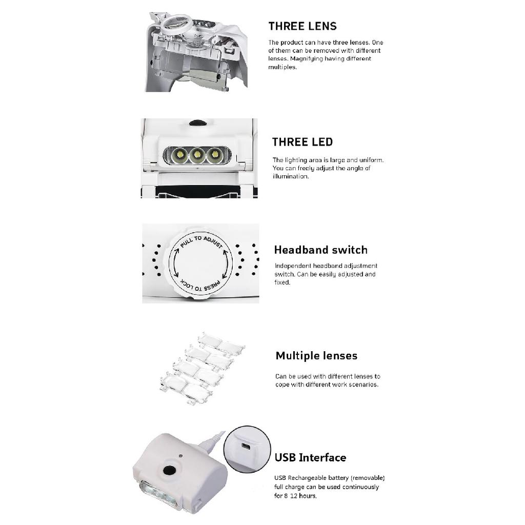USB Rechargeable Glasses Loupe Watchmaker Repair Tool Glasses Magnifier LED Headband Magnifying Glass 1.5x 2x 2.5x 3x 3.5x 8