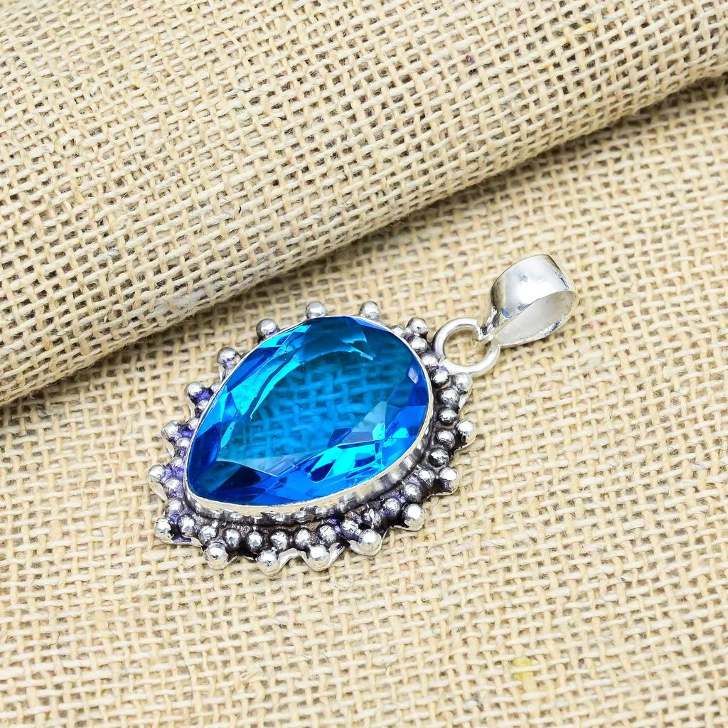 Blue Topaz Natural Gemstone Jewelry Pendent 925 Solid Sterling Silver For Wedding Gift