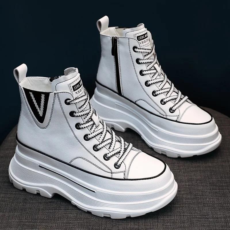 Fashion High quality 7CM White Platform Wedge Sneakers Chunky Shoes Genuine Leather Combat Boots Women Ankle Boots Spring Autumn Booties