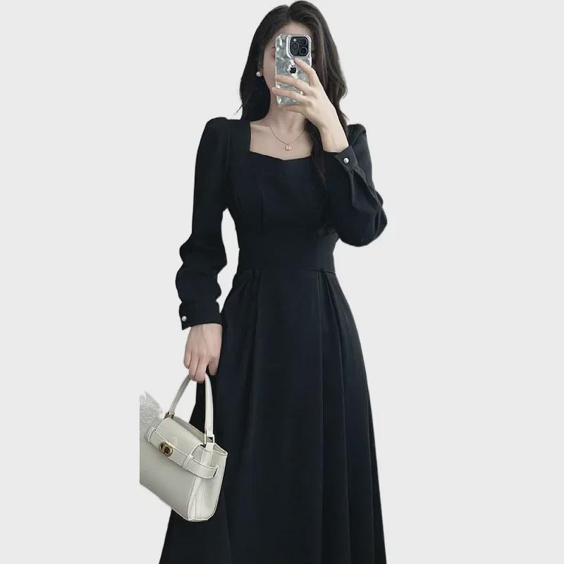 Rochie de toamnă de lux pentru femei, cu guler pătrat și mânecă lungă, în linie A, talie subțire, lungime medie, 2024