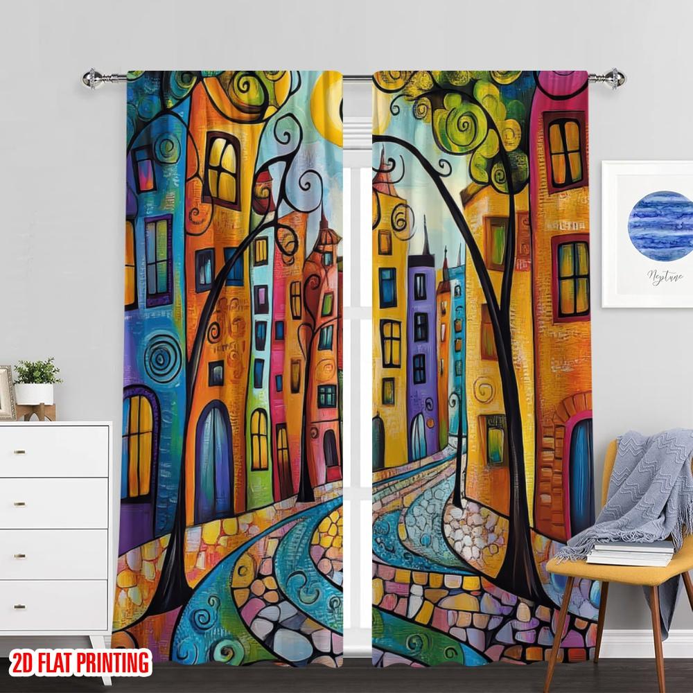Set Of 2 Vintage Flat Printing Curtain Abstract City Fabric Without Electricity Festive Wall Decor Atmosphere Polyester