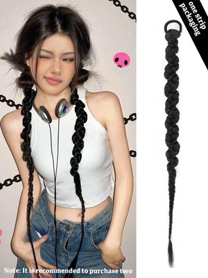 Synthetische 26-Zoll-Boxzöpfe Pferdeschwanzverlängerung mit Gummiband-Haarring für Mädchen und Frauen, schwarze Perücke