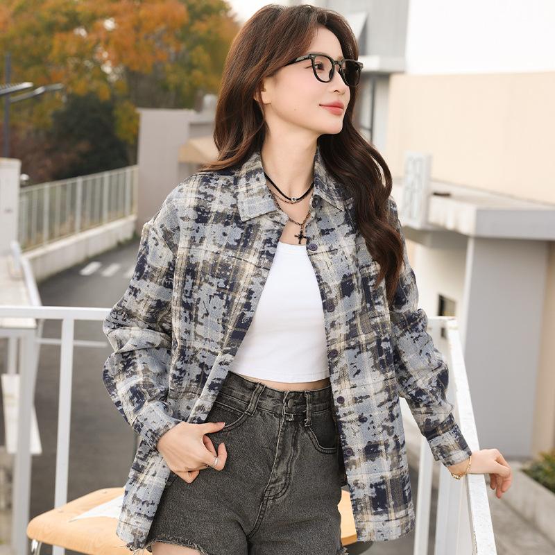 Loose Tie Dye Versatile Trendy Casual Top Shirts Jacket Spring and Autumn Checkered Long Sleeved Printed Women's Shirts