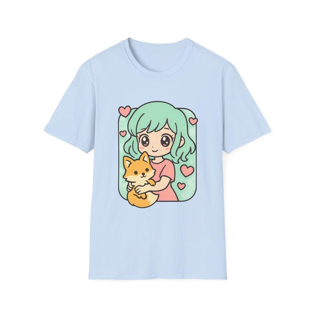 

Unisex Softstyle Cute Anime T-Shirt | Whimsical Fox and Mint Hair Girl S
