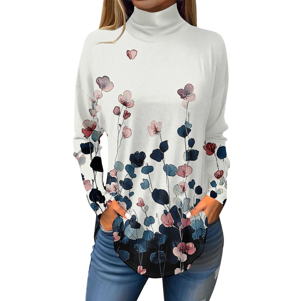 Tee Shirts For Women Fall Casual Long Sleeve Shirts Sweatshirt Vintage Printed High Neck Top Pullover