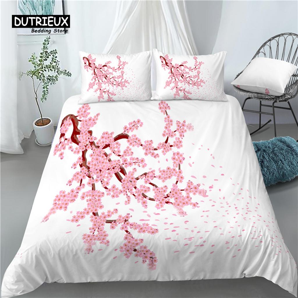 Luksusowy Zestaw Pościeli 3D z Motywem Kwiatów Wiśni 2/3 Szt. Wygodna Poszwa na Kołdrę Poszewka na Poduszkę Zestawy Pościeli Queen i King Rozmiar EU/US/AU