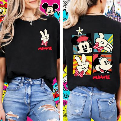 2025 Été Double Face Disney Classique Minnie Mouse Pose Mickey et ses Amis Disney Mignonne Minnie Mouse 100% Coton Pur T-shirt Imprimé