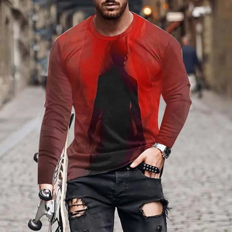 Fashion Men's Crew Neck Long Sleeve 3D Casual Color Printing Western Line Long Sleeve Crew Neck T-Shirt