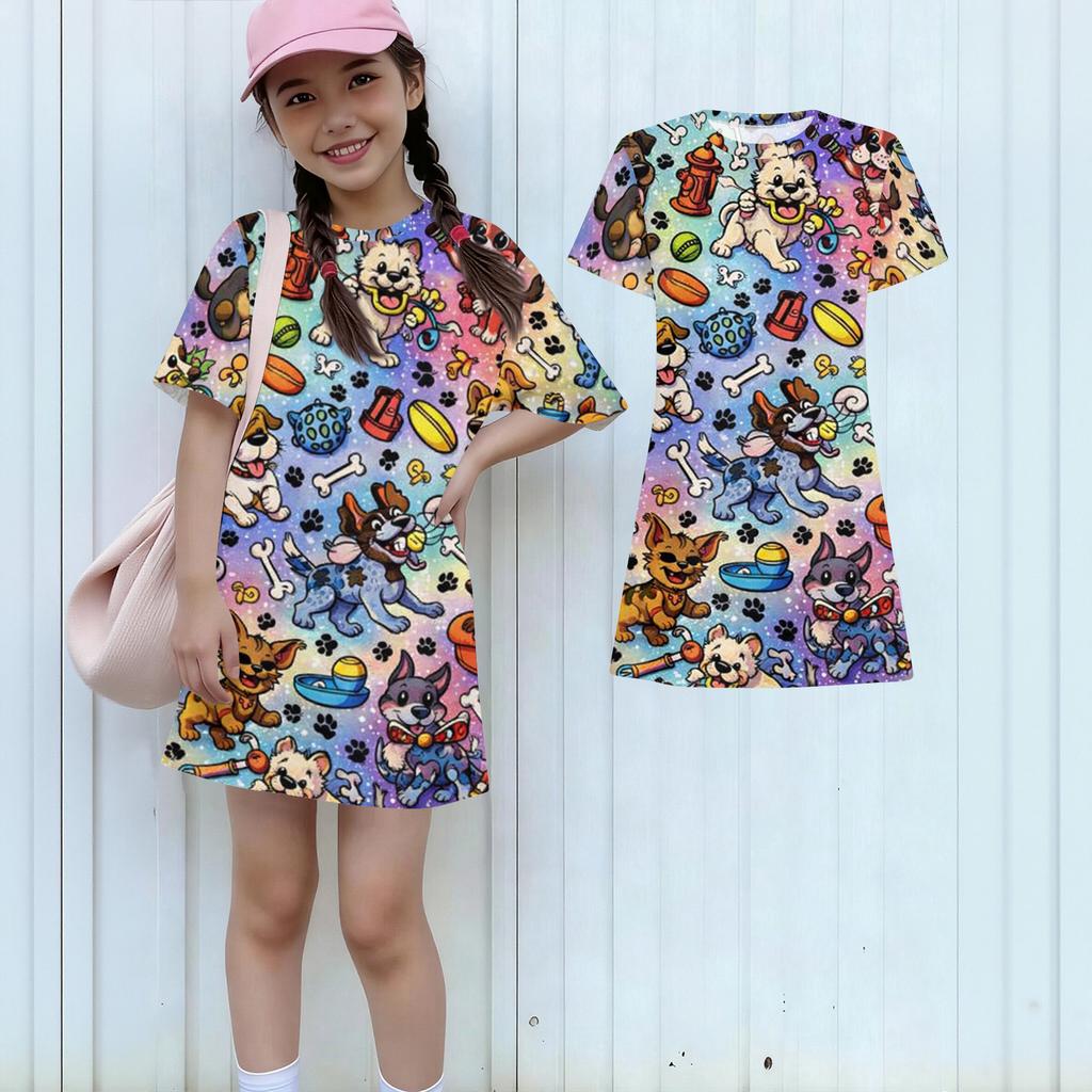 Girls Print Casual Dress Kids Loose Round Neck Short Sleeve Thin Sundress