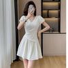 French Retro V-neck Bubble Sleeve Dress for Women's Summer New Pleated Waist and Thin A-shaped Short Skirt