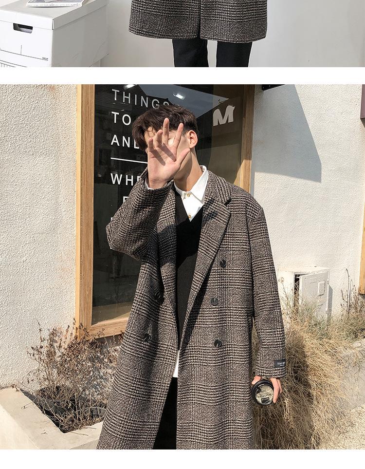 Men's Trendy Double-Breasted Plaid Wool Coat - Autumn/Winter Korean Style, Large Size Hong Kong Fashion