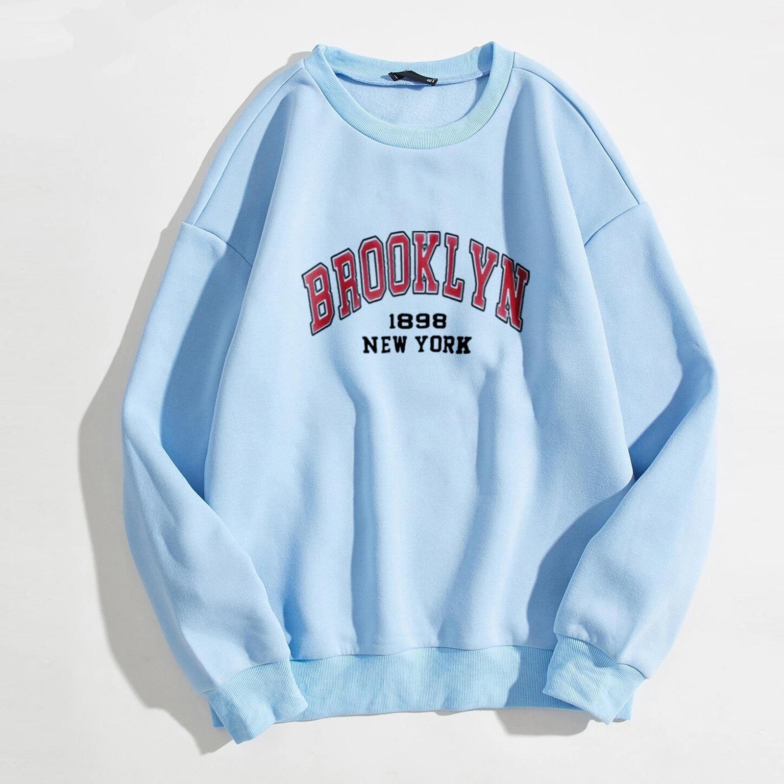 Korean Style Printed Round Neck Loose Pullover: Vibrant Solid Color Long Sleeve Top Sweatshirt 3; 2XL синий