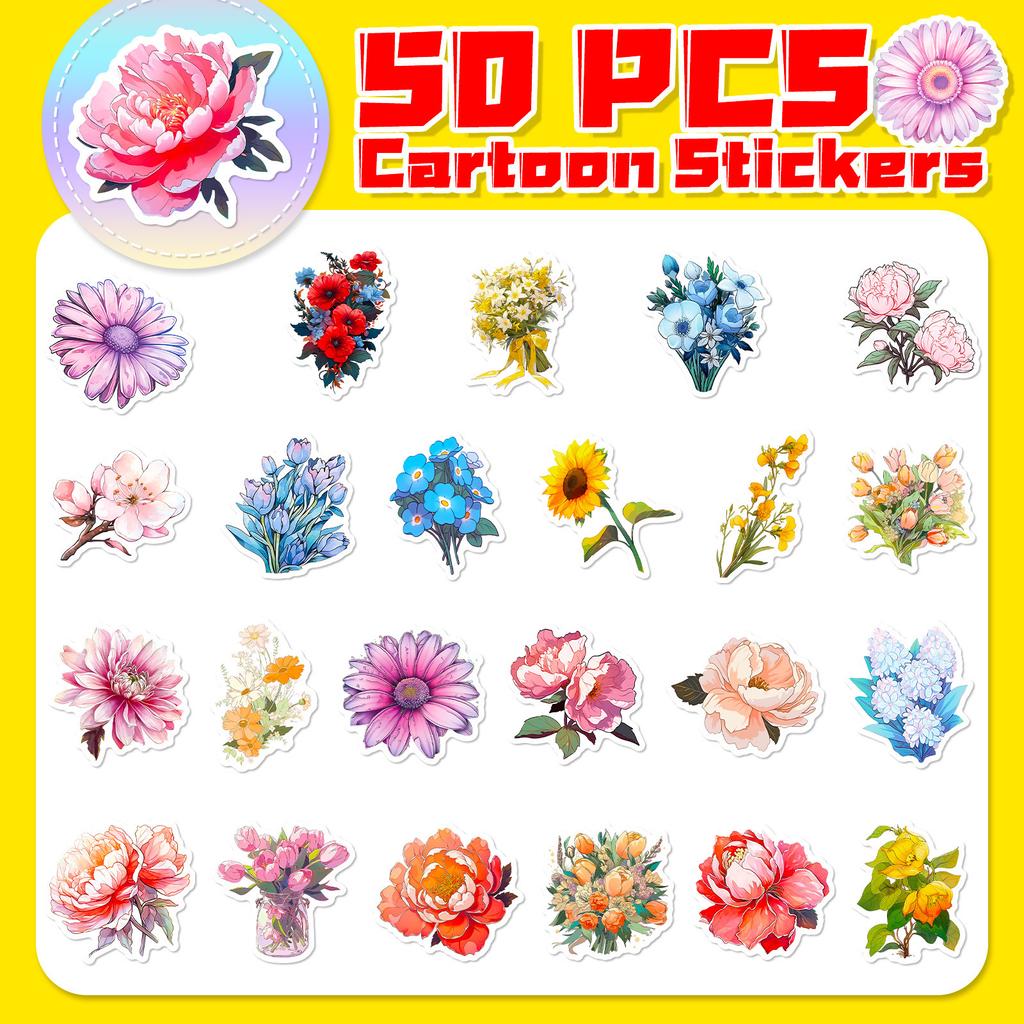 50 Sheets Of Flower Series Plant Flowers Rich Flowers In The World Various Flowers Stickers Hand Account Decorative Stickers