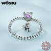 WOSTU 925 Sterling Silver Shining Pink Zircon Little Bear Balloon Ring for Women Birthday Gift Jewelry