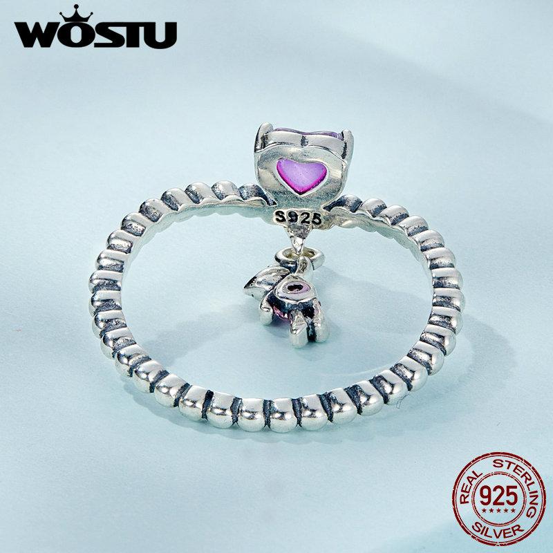 WOSTU 925 Sterling Silver Shining Pink Zircon Little Bear Balloon Ring for Women Birthday Gift Jewelry