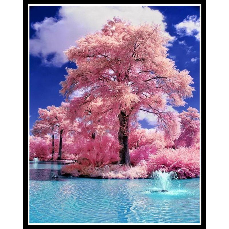 

Diy 5d Алмазная картина Полный круглый Розовый дом Пейзаж Алмазная вышивка Комплект Мозаика Дерево Домашний декор Full Round 20x30CM