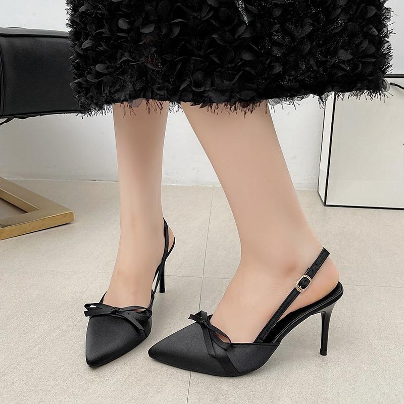 

Baotou Stiletto Sandals Fashion Pointed Toe Shallow Mouth Satin Bow Slip Slip High Heels 34