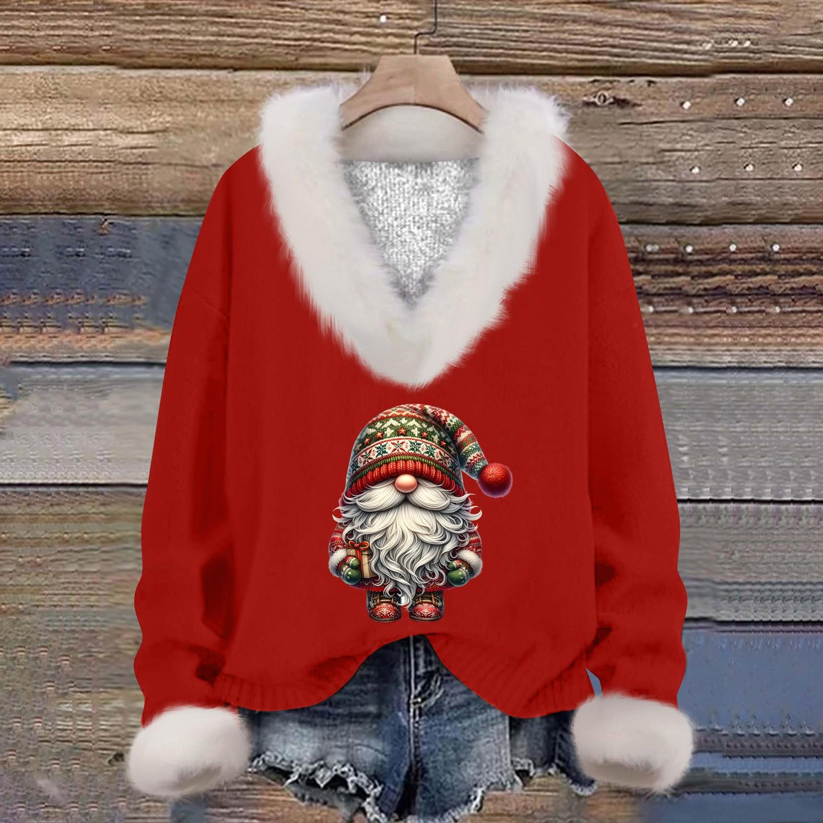 

Женская мода повседневный рождественский принт длинный рукав V-образный вырез трикотажный свитер пуловер топ XL белый